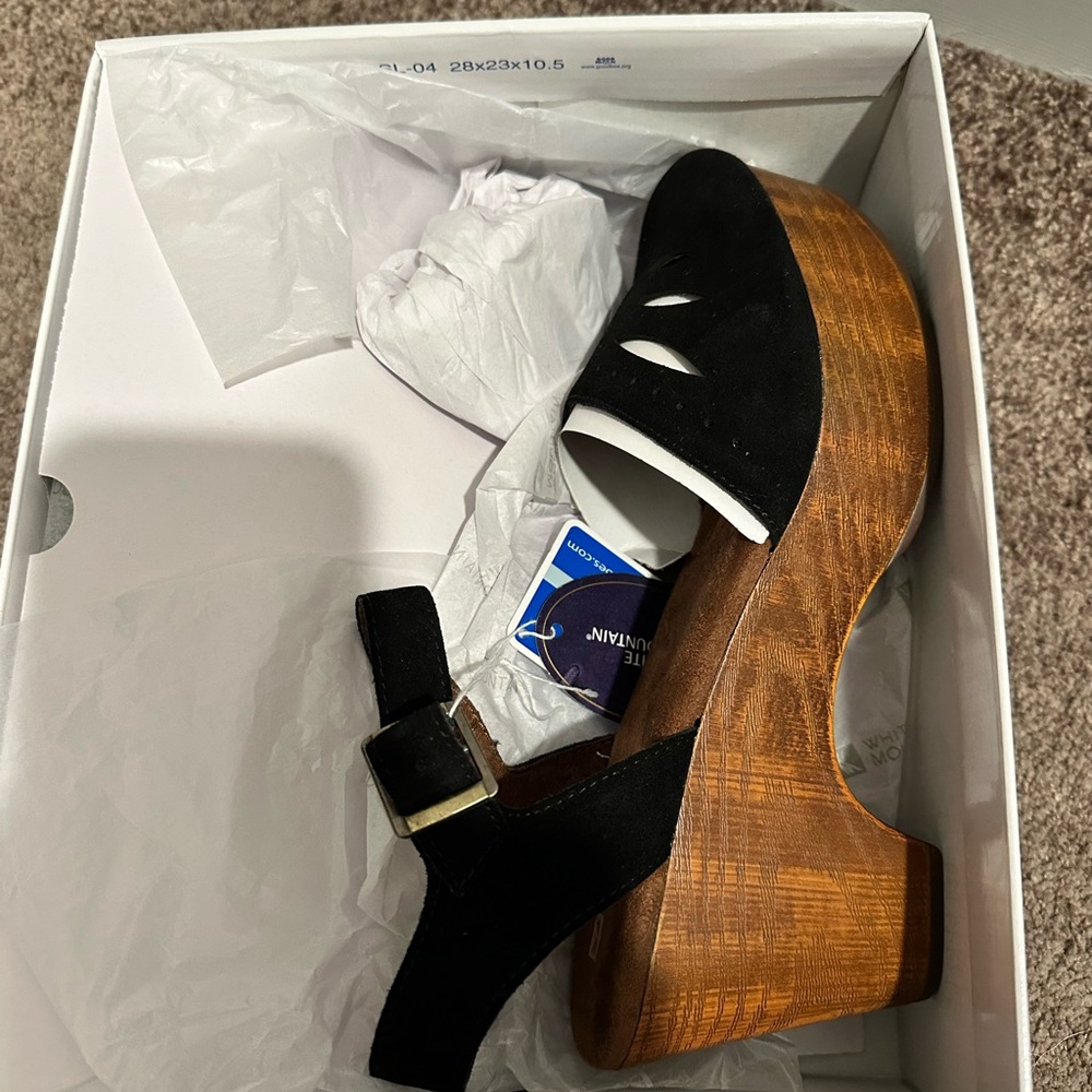 White Mountain Black Suede Mules with Wooden Platform
